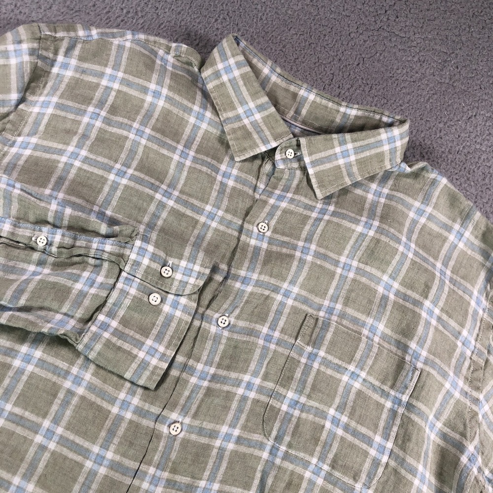 Peter Millar Shirt Adult Extra Large Green Plaid 100% Linen‎ Coastal Long Sleeve